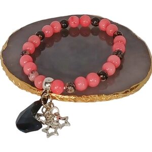 Pink & Black Lace Rhodonite Bracelet with Moon & Stars Charms Y2K Space Galaxy
